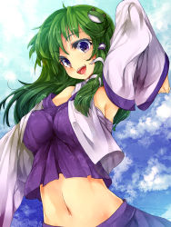 Rule 34 | 1girl, arm up, armpits, blue eyes, blue sky, breasts, cloud, day, detached sleeves, female focus, floral print, frog, green hair, hair ornament, highres, kochiya sanae, medium breasts, midriff, navel, open mouth, shirt, skirt, sky, smile, snake, solo, touhou, ukyo rst, vest