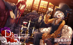 Rule 34 | 1girl, 2boys, alcohol, alternate costume, artist request, black hair, blue eyes, bottle, burn scar, candle, candlestand, champagne, champagne bottle, cigarette, contemporary, couch, cross, cup, dies irae, drinking glass, eleonore von wittenburg, eyepatch, flower, formal, gloves, goetz von berlichingen, hat, highres, iron cross, long hair, looking at viewer, multiple boys, promotional art, red eyes, red hair, rose, scar, shinza bansho series, smoke, suit, tongue, tongue out, top hat, white hair, wine, wine bottle, wine glass, wolfgang schreiber