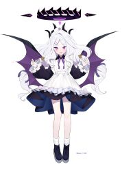 Rule 34 | 1girl, :o, ahoge, alternate costume, apron, beko (beco 1122), blue archive, blush, bow, bowtie, commentary request, demon girl, demon horns, demon wings, dress, enmaided, forehead, frilled dress, frills, full body, hair ornament, hairclip, halo, highres, hina (blue archive), horns, long hair, long sleeves, looking at viewer, maid, maid apron, purple bow, purple bowtie, purple eyes, sidelocks, simple background, solo, standing, wavy hair, white background, white hair, wings