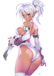 Rule 34 | 1girl, ass, breasts, commission, dark-skinned female, dark skin, elbow gloves, elf, fingerless gloves, from side, gloves, halterneck, highleg, highleg leotard, highres, holding, holding weapon, leotard, looking at viewer, matsuda (matsukichi), medium breasts, original, pixiv commission, pointy ears, ponytail, red eyes, short hair, solo, thighhighs, weapon, white background, white gloves, white hair, white leotard, white thighhighs