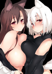 Rule 34 | 2girls, animal ear fluff, animal ears, ass, asymmetrical docking, black background, black shirt, blush, bottomless, breast press, breasts, breasts out, brown hair, closed mouth, detached sleeves, fox ears, fox tail, from side, hair between eyes, imaizumi kagerou, inubashiri momiji, large breasts, long hair, multiple girls, nipples, no bra, nose blush, off shoulder, red eyes, shirt, short hair, simple background, smile, tail, tera zip, touhou, white hair