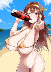 Rule 34 | 10s, 1girl, absurdres, ahoge, areola slip, beach, bikini, bikini top only, blue sky, blush, bottomless, breasts, brown eyes, brown hair, coca-cola, covered erect nipples, cowboy shot, day, double bun, drinking, foreshortening, hair intakes, hairband, headdress, headgear, highres, huge breasts, kantai collection, kayumidome, kongou (kancolle), large areolae, lips, long hair, looking at viewer, maebari, one eye closed, outdoors, skindentation, sky, smile, soda bottle, solo, sweat, swimsuit, thumbs up, wet, yellow bikini