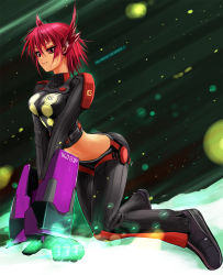 Rule 34 | 1girl, alf874, all fours, animal ears, armor, crop top, energy, english text, gauntlets, gloves, image sample, long sleeves, looking at viewer, midriff, navel, pants, phantasy star, phantasy star universe, red eyes, red hair, shoes, short hair, shoulder pads, smile, solo