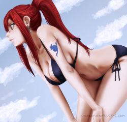 Rule 34 | 1girl, bare shoulders, bikini, breasts, brown eyes, closed mouth, cloud, collarbone, day, earrings, erza scarlet, fairy tail, female focus, highres, jewelry, kurotama (nicksor), large breasts, long hair, navel, nicksor, ponytail, red hair, sky, solo, swimsuit, tattoo