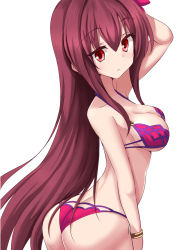 Rule 34 | 1girl, arm behind head, ass, bikini, bracelet, breasts, cleavage, cowboy shot, fate/grand order, fate (series), flower, from side, hair flower, hair ornament, highres, jewelry, large breasts, long hair, looking at viewer, minato yoshihiro, purple hair, red eyes, scathach (fate), scathach (fate/grand order), scathach (swimsuit assassin) (fate), solo, swimsuit, white background