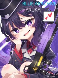 Rule 34 | 1girl, beret, blue archive, blush, english text, gun, haruka (blue archive), hat, heart, highres, looking at viewer, purple hair, red shirt, school uniform, shirt, smile, solo, weapon