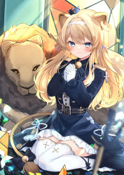Rule 34 | 1girl, absurdres, animal ears, bell, belt, blonde hair, blue dress, crown, dress, gloves, haidollo, hair ribbon, hairband, highres, jingle bell, lion, lion ears, lion girl, lion tail, long hair, long sleeves, looking at viewer, mini crown, noripro, own hands together, praying, regrush lionheart, ribbon, sitting, smile, solo, stained glass, sword, tail, thighhighs, tilted headwear, virtual youtuber, wariza, weapon, white gloves, white hairband, white ribbon, white thighhighs, zettai ryouiki