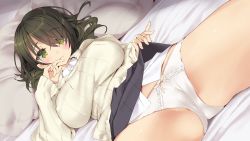 Rule 34 | 1girl, bed, black hair, blush, breasts, cameltoe, closed mouth, clothes lift, embarrassed, finger to mouth, game cg, green eyes, groin, highres, indoors, large breasts, legs, looking at viewer, looking down, lying, mole, mole under eye, on bed, original, panties, pillow, short hair, skirt, skirt lift, solo, sweater, thighs, tsurusaki takahiro, underwear, white panties, white sweater, zutto mae kara joshi deshita