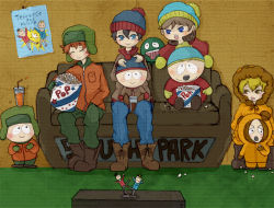 Rule 34 | 6+boys, ^ ^, blush stickers, chibi, closed eyes, couch, eric cartman, closed eyes, food, happy, hat, indoors, kenny mccormick, kyle broflovski, male focus, multiple boys, smile, south park, stan marsh