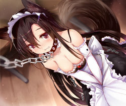 Rule 34 | 1girl, alternate costume, animal collar, animal ears, apron, bare shoulders, bdsm, black dress, blurry, bondage, bound, breasts squeezed together, breasts, brooch, brown hair, chain, chain leash, chained, cleavage, clenched teeth, collar, covering privates, covering crotch, crying, crying with eyes open, depth of field, dress, dutch angle, efe, enmaided, frilled dress, frills, from above, gloves, hair between eyes, have to pee, imaizumi kagerou, jewelry, large breasts, leash, long dress, long hair, long skirt, looking at viewer, maid, maid headdress, pet play, red eyes, skirt, solo, strapless, strapless dress, tail, tears, teeth, touhou, trembling, v arms, very long hair, viewer holding leash, wavy mouth, white gloves, wolf ears, wolf tail