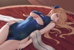 Rule 34 | 1girl, aqua eyes, arms at sides, azur lane, blonde hair, blue dress, breasts, centaur (azur lane), centaur (sprightly spring wind) (azur lane), china dress, chinese clothes, cleavage, cleavage cutout, clothing cutout, covered erect nipples, covered navel, cowboy shot, dress, floral print, hair bun, highres, hip vent, icycore, lace, lace-trimmed dress, lace trim, large breasts, long hair, looking at viewer, lying, official alternate costume, on back, piercing, pointy ears, solo, swept bangs, tight clothes, tight dress, tongue, tongue out, tongue piercing, underboob, underboob cutout