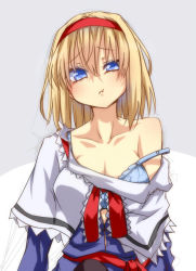 Rule 34 | 1girl, :t, alice margatroid, bare shoulders, blue bra, blue dress, blue eyes, bra, breasts, capelet, cleavage, collarbone, dress, female focus, hairband, long sleeves, looking at viewer, off shoulder, open clothes, open dress, pout, sash, sitting, solo, strap slip, tori (minamopa), touhou, underwear, uneven eyes, upper body