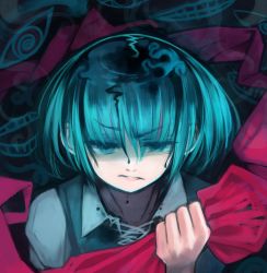 Rule 34 | 1girl, aqua eyes, aqua hair, bad id, bad pixiv id, black blood, blood, blood on clothes, clenched hand, colored blood, dripping, eyes visible through hair, holding, kaneni, monster, open mouth, original, parted lips, short hair, solo focus, upper body