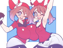 Rule 34 | 2girls, armpits, asymmetrical docking, bandana, blue eyes, breast press, breasts, brown hair, collarbone, cowboy shot, creatures (company), dual persona, face-to-face, game freak, gloves, hairband, highres, huge breasts, kaikoinu, looking at viewer, may (pokemon), medium hair, multiple girls, nintendo, open mouth, pantyhose, pantyhose under shorts, pokemon, pokemon oras, pokemon rse, shorts, skirt, small breasts, smile, stomach, unaligned breasts