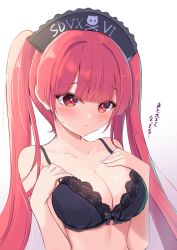 Rule 34 | 1girl, bemani, black bra, blunt bangs, blush, bow, bow bra, bra, breasts, check translation, cleavage, closed mouth, collarbone, gradient background, hands on own chest, konoha (sound voltex), long hair, looking down, maid headdress, medium breasts, mikaze oto, red eyes, red hair, skull and crossbones, solo, sound voltex, translated, translation request, twintails, underwear, underwear only, upper body, very long hair, white background