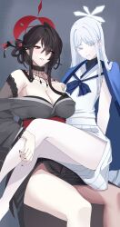 Rule 34 | 2girls, armpits, bare legs, black choker, black hair, black kimono, blue archive, breasts, choker, cleavage, extra ears, feet out of frame, fingernails, flat chest, grey hair, hair ornament, hair stick, halo, haori, highres, japanese clothes, kimono, kokuriko (blue archive), large breasts, lengkuass, long hair, looking at viewer, multiple girls, nagusa (blue archive), nail polish, red eyes, school uniform, serafuku, simple background, sitting, sitting on person, smile, straight hair, very long hair