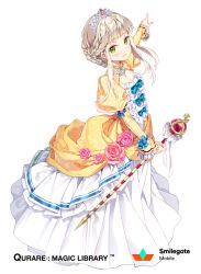 Rule 34 | 1girl, blue bow, bow, braid, braided bun, company name, copyright name, dress, dress bow, dress flower, earrings, flower, frilled sleeves, frills, full body, gem, gilse, gown, green eyes, grey hair, hair bun, holding, holding scepter, jewelry, juliet sleeves, light blush, long sleeves, looking at viewer, looking to the side, necklace, official art, outstretched arm, parted lips, pearl necklace, pink flower, pink rose, pointing, princess, puffy sleeves, qurare magic library, rose, scepter, short bangs, sidelocks, simple background, smile, solo, standing, tiara, two-tone dress, white background, white dress, wispy bangs, yellow dress