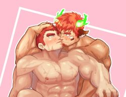 Rule 34 | 2boys, = =, abs, animal ears, bara, blush, brown hair, completely nude, couple, cow boy, cow ears, cow horns, eye black, facial hair, fiery horns, forked eyebrows, glowing horns, goatee, hand in another&#039;s hair, horns, imminent kiss, implied handjob, large pectorals, male focus, multiple boys, muscular, muscular male, nipples, noses touching, nude, pectorals, pink background, ragi san (ononokomachiimo), short hair, sideburns, smile, stomach, sweat, tamamura gunzo, thick eyebrows, tokyo houkago summoners, v-shaped eyebrows, very sweaty, wakan tanka, yaoi