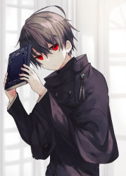 Rule 34 | 1boy, black coat, book, brown hair, closed mouth, coat, commentary request, expressionless, hair between eyes, holding, holding book, indoors, kazutake hazano, long sleeves, looking at viewer, male focus, red eyes, shiro seijo to kuro bokushi, short hair, solo, turtleneck, upper body
