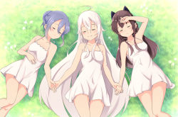 Rule 34 | 3girls, ahoge, arm up, blue hair, blush, breasts, brown hair, chiya (urara meirochou), closed mouth, collarbone, commentary request, dress, closed eyes, flower, from above, grass, hair between eyes, halterneck, hand on own stomach, highres, holding hands, long hair, lying, motsutoko, multiple girls, nijou omi, on back, parted lips, small breasts, smile, sundress, tatsumi kon, urara meirochou, very long hair, white dress, white hair