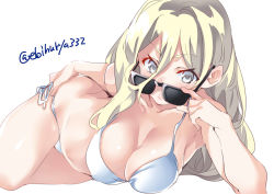 Rule 34 | 1girl, bikini, blonde hair, blue eyes, blush, breasts, closed mouth, ebifurya, hair between eyes, kantai collection, large breasts, long hair, looking at viewer, lying, mole, mole under eye, one-hour drawing challenge, richelieu (kancolle), simple background, solo, sunglasses, swimsuit, twitter username, white background, white bikini