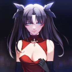 Rule 34 | 1girl, absurdres, bad id, bad pixiv id, black gloves, black hair, blue eyes, breasts, cleavage, cleavage cutout, cleavage reach, clothing cutout, dress, elbow gloves, fate/stay night, fate (series), gloves, hair ribbon, highres, long hair, looking to the side, medium breasts, mog (pixiv5746967), red dress, ribbon, smirk, solo, tohsaka rin, two side up, upper body