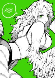 Rule 34 | 1girl, absurdres, bent over, blush, breasts, camisole, closed mouth, commentary, cowboy shot, embarrassed, from side, green background, green eyes, greyscale with colored background, harpy, highres, large breasts, long hair, looking at viewer, monet (one piece), monochrome, monster girl, one piece, parted bangs, simple background, sleeveless, solo, spoken blush, spot color, sweatdrop, winged arms, wings, yotsumi shiro