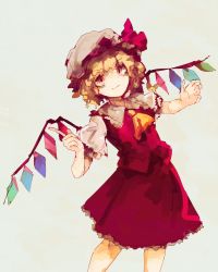 Rule 34 | 1girl, ascot, blonde hair, blush, bow, closed mouth, commentary, crystal, fang, feet out of frame, flandre scarlet, frilled shirt, frilled shirt collar, frilled skirt, frilled sleeves, frills, grin, hat, hat ribbon, highres, looking at viewer, mob cap, puffy short sleeves, puffy sleeves, red bow, red eyes, red ribbon, red skirt, red vest, ribbon, shirt, short hair, short sleeves, side ponytail, simple background, skirt, skirt set, smile, solo, standing, touhou, vest, wasabisuke, wavy hair, white background, white shirt, wings, yellow ascot