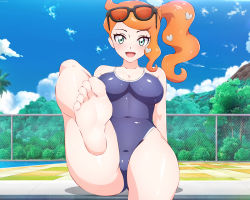 Rule 34 | 1girl, :d, bad id, bad pixiv id, barefoot, blue-senpai, blush, breasts, cloud, covered navel, creatures (company), day, eyelashes, eyewear on head, feet, game freak, green eyes, hair ornament, heart, heart hair ornament, large breasts, leg up, long hair, looking at viewer, mixed-language commentary, nintendo, one-piece swimsuit, open mouth, orange hair, outdoors, palm tree, pokemon, pokemon swsh, pool, shiny clothes, shiny skin, side ponytail, sitting, sky, smile, soles, solo, sonia (pokemon), sunglasses, swimsuit, tiles, toes, tongue, tree, water