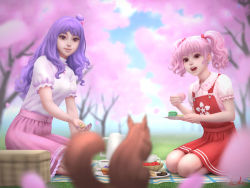 Rule 34 | 2girls, basket, blue sky, blurry, borrowed character, breasts, brown eyes, cherry blossoms, closed mouth, coffee mug, commentary, commission, cookie, cup, day, depth of field, earrings, english commentary, fingernails, flower, food, fruit, gohpot, grass, hair flower, hair ornament, hanami, holding, holding plate, jewelry, kneeling, looking at viewer, macaron, medium breasts, muffin, mug, multiple girls, nail polish, nut (food), open mouth, original, petals, picnic, picnic basket, pink flower, pink hair, pink petals, pitcher (container), plate, puffy short sleeves, puffy sleeves, purple hair, purple nails, red skirt, shirt, short sleeves, short twintails, signature, skirt, sky, squirrel, strawberry, sunlight, suspender skirt, suspenders, tea, teeth, tree, twintails, white shirt