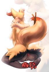 Rule 34 | 1girl, animal ears, anus, ass, blush, braixen, breasts, claws, cleft of venus, cocicka, creatures (company), dated, fox ears, fox tail, furry, furry female, game freak, gen 6 pokemon, grey fur, highres, large breasts, nintendo, orange fur, pokemon, pokemon (creature), pussy, signature, stick, tail, white fur, yellow fur