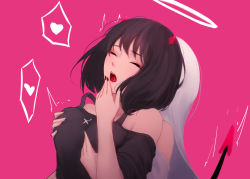 Rule 34 | 2girls, bare shoulders, black hair, black nails, black shirt, blush, grabbing another&#039;s breast, breasts, closed eyes, demon horns, demon tail, dress, grabbing, grabbing from behind, hand up, heart, highres, horns, hug, large breasts, long hair, multiple girls, nail polish, open mouth, original, pink background, red horns, saliva, shimmer, shirt, short hair, simple background, tail, tail raised, trembling, upper body, white dress, white hair, yuri
