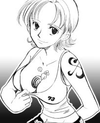 Rule 34 | 1girl, between breasts, breasts, chabudai, cleavage, clothes pull, den den mushi, downblouse, female focus, greyscale, large breasts, lowres, monochrome, nami (one piece), one piece, shirt pull, short hair, smile, snail, solo, tattoo