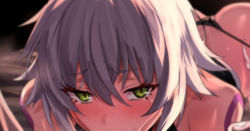 Rule 34 | 1girl, :&gt;=, all fours, ass, black panties, blush, condom, fate/apocrypha, fate/grand order, fate (series), green eyes, grey hair, hair between eyes, implied fellatio, jack the ripper (fate/apocrypha), looking at viewer, out-of-frame censoring, panties, sanpaku, short hair, shoulder tattoo, solo, tattoo, tears, ulrich (tagaragakuin), underwear, used condom