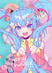Rule 34 | 1girl, :d, ahoge, blue eyes, blue hair, bow, character name, collared shirt, detached sleeves, floating hair, flower, hair between eyes, hair bow, hair flower, hair ornament, happy birthday, hatsune miku, heart, heart ahoge, highres, holding, holding hair, long hair, long sleeves, looking at viewer, necktie, open mouth, pink necktie, pink sleeves, shirt, sleeveless, sleeveless shirt, smile, solo, twintails, twitter username, upper body, very long hair, vocaloid, white flower, wing collar, yamigirikuroko, yellow bow, yellow flower, yellow shirt