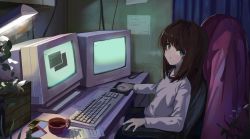 Rule 34 | 1girl, :o, at computer, blue curtain, brown hair, cable, chair, commentary, crt, cup, curtains, desk, desk lamp, english commentary, floppy disk, from side, grey eyes, grey shirt, hair intakes, highres, indoors, keyboard (computer), kgt (pixiv12957613), lamp, long hair, long sleeves, looking at viewer, mouse (computer), office chair, open mouth, original, paper, plant, potted plant, revision, shirt, shorts, sitting, solo, swivel chair