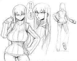 Rule 34 | 1girl, biriri (spacezin), breasts, contrapposto, creatures (company), denim, female focus, game freak, gen 1 pokemon, greyscale, hand on own hip, japanese text, jeans, large breasts, long hair, long legs, monochrome, nintendo, pants, personification, pokemon, ribbed sweater, sketch, slit pupils, solo, spacezin, standing, sweater, translation request, tsurime, turtleneck, voltorb, white background