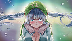 Rule 34 | 1girl, absurdres, backpack, bag, blue eyes, blue hair, blue nails, blunt bangs, blush, breasts, bubble, closed eyes, commentary request, crying, crying with eyes open, fingernails, floating hair, frilled shirt collar, frills, gradient background, green headwear, hair bobbles, hair ornament, highres, interlocked fingers, kawashiro nitori, long sleeves, looking at viewer, mahoro (minase mahoro), nail polish, own hands clasped, own hands together, sidelocks, solo, tareme, tears, touhou, twintails, underwater