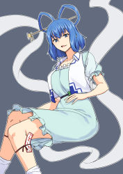 Rule 34 | 1girl, belt, blue dress, blue eyes, blue hair, breasts, dress, feet out of frame, flower, from below, grey background, hagoromo, hair ornament, hair rings, hair stick, highres, kakone, kaku seiga, knees together feet apart, looking at viewer, open clothes, open vest, outline, puffy short sleeves, puffy sleeves, shawl, short hair, short sleeves, simple background, socks, solo, touhou, vest, white outline, white socks, white vest