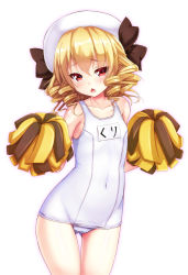 Rule 34 | 1girl, blonde hair, blush, cheerleader, chestnut mouth, covered navel, drill hair, ebi 193, gluteal fold, hat, looking at viewer, luna child, one-piece swimsuit, open mouth, pom pom (cheerleading), red eyes, school swimsuit, short hair, simple background, solo, swimsuit, touhou