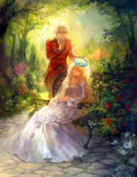 Rule 34 | 10s, 1boy, 1girl, aldnoah.zero, asseylum vers allusia, backlighting, blonde hair, blue flower, blue rose, book, buttons, closed eyes, collarbone, double-breasted, dress, epaulettes, finger to mouth, flower, frills, garden, grass, hand on another&#039;s head, head tilt, head wreath, highres, holding, holding book, kanmuri (hanyifan30338), long dress, long hair, long sleeves, looking at viewer, military, military uniform, open book, orange flower, outdoors, pants, pavement, pink flower, puffy long sleeves, puffy sleeves, red flower, red pants, red rose, rose, shushing, silver hair, sitting, sky, slaine troyard, sleeping, standing, tree, uniform, very long hair, white dress, white flower