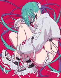 Rule 34 | 1girl, green hair, highres, jacket, long hair, looking at viewer, navel, original, red background, red eyes, romi dajung, sandals, shorts, solo, techwear, toes, twintails, very long hair, white jacket, white shorts