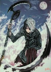 Rule 34 | 1boy, bad id, bad pixiv id, black hair, blue sky, closed mouth, cloud, cloudy sky, death (entity), eyepatch, grim reaper, highres, holding, holding scythe, holding weapon, hoshizaki reita, jpeg artifacts, male focus, moon, multicolored hair, on one knee, original, outdoors, scythe, shinigami, signature, sky, smile, solo, traditional media, weapon, white hair