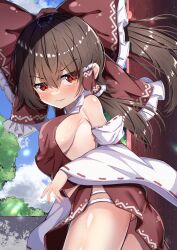 Rule 34 | 1girl, absurdres, ass, bare shoulders, blue sky, blush, bow, breasts, brown hair, closed mouth, cloud, cloudy sky, cowboy shot, day, detached sleeves, dfra, frilled bow, frilled hair tubes, frills, hair between eyes, hair bow, hair tubes, hakurei reimu, highres, large breasts, lips, long sleeves, looking at viewer, medium hair, nail polish, no bra, outdoors, pink nails, ponytail, red bow, red eyes, red skirt, red vest, ribbon, ribbon-trimmed sleeves, ribbon trim, sideboob, skirt, skirt set, sky, solo, standing, thighs, touhou, tree, two-sided fabric, two-sided skirt, vest, wide sleeves