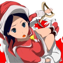 Rule 34 | 00s, 1girl, bare legs, bell, black hair, blood, blue eyes, boots, female focus, from above, hat, kitsu chiri, legs, long hair, looking at viewer, looking up, open mouth, parted bangs, perspective, raised eyebrow, sack, santa costume, santa hat, sayonara zetsubou sensei, shovel, simple background, sitting, solo, white background, worktool