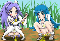 Rule 34 | 2girls, black vest, blue eyes, blue hair, blush, boots, censored, clothes lift, cloud, collarbone, cure fortune, detached sleeves, dress, dress lift, grass, hair ribbon, happinesscharge precure!, heart, high heels, hikawa iona, long hair, long sleeves, looking down, multiple girls, panties, panty pull, pee stain, peeing, ponytail, precure, puddle, purple eyes, purple hair, purple skirt, pussy, ribbon, shirayuki hime, shirt, shoes, short sleeves, skirt, sky, squatting, stained panties, thigh boots, thighhighs, umi (pixiv 998325), underwear, vest, wet, wet clothes, wet panties, white dress, white legwear, white panties, white shirt