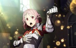 Rule 34 | 1girl, armor, blue gemstone, breastplate, clenched hand, freckles, gem, gloves, hair ornament, hairclip, indoors, lens flare, lisbeth (sao), open mouth, pink hair, red eyes, red ribbon, red sleeves, ribbon, short hair, solo, sword art online, upper body, white gloves