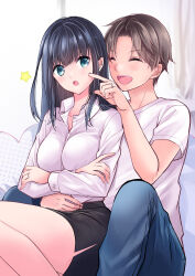 Rule 34 | 1boy, 1girl, :o, absurdres, arm around waist, black hair, black skirt, blush, breasts, brown hair, cheek poking, closed eyes, commentary request, crossed arms, denim, green eyes, highres, jeans, large breasts, looking at another, medium bangs, open mouth, original, pants, parted bangs, pencil skirt, poking, shirt, short hair, sitting, sitting on person, skirt, star (symbol), tinkle2013, white shirt
