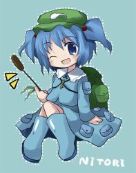 Rule 34 | 1girl, backpack, bag, blue eyes, blue hair, cattail, character name, female focus, hair bobbles, hair ornament, hat, kawashiro nitori, key, matching hair/eyes, one eye closed, open mouth, plant, short hair, sitting, skirt, smile, solo, touhou, twintails, two side up, wink