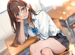 Rule 34 | 1girl, arm under breasts, black skirt, blue bow, blue bowtie, blue eyes, blurry, blurry background, bow, bowtie, brown hair, chair, collarbone, crossed legs, desk, dutch angle, grin, head rest, highres, lens flare, long hair, long sleeves, looking at viewer, non-web source, original, pleated skirt, school chair, school desk, school uniform, shiitake taishi, shirt, sidelocks, sitting, skirt, sleeves rolled up, smile, solo, thighs, white shirt